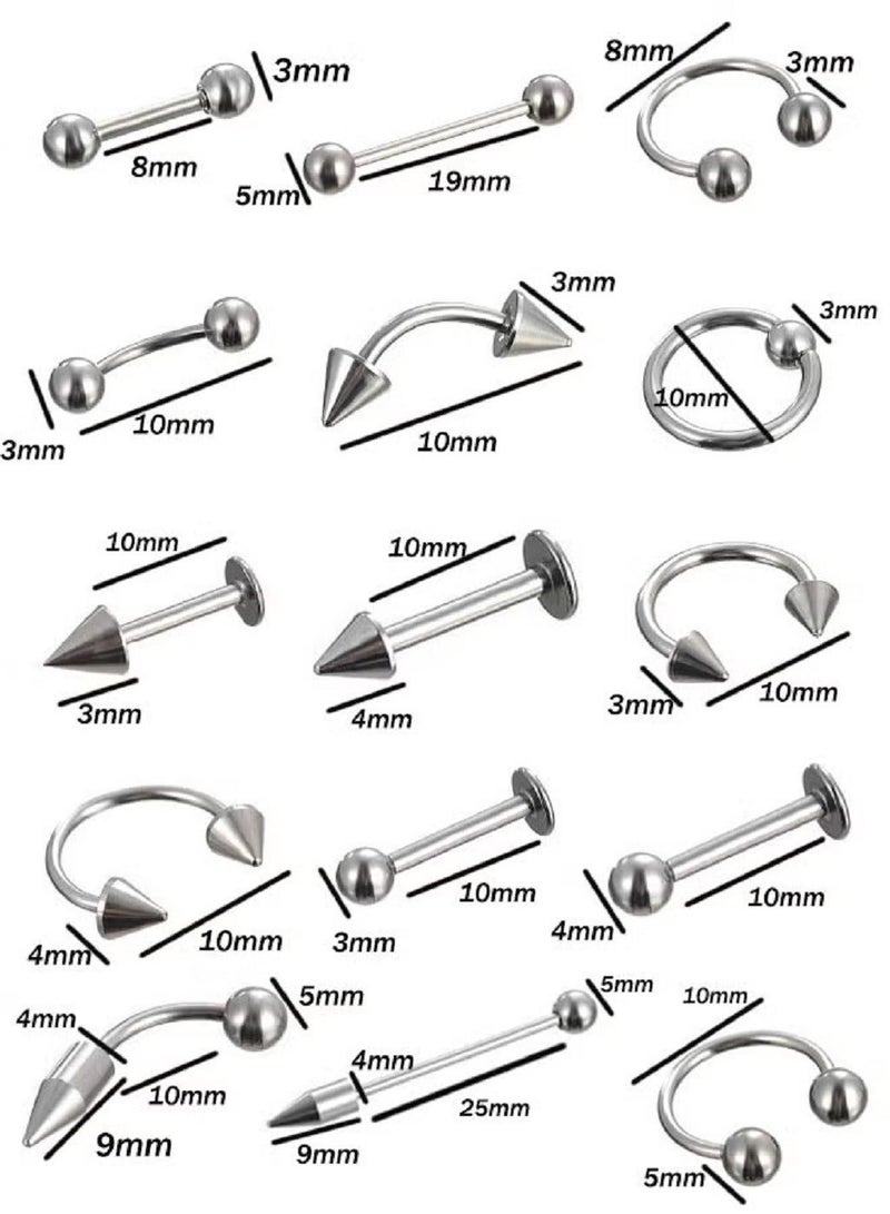 15-Piece Different Body Piercing Jewelry for All Piercings Stainless Steel Ring Set - Image 2